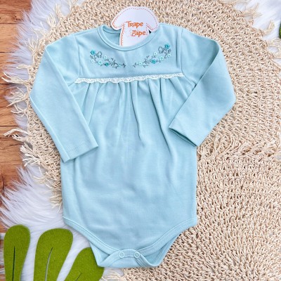 Conj. Body Manga Longa com Flores Bordadas e Calça - Verde